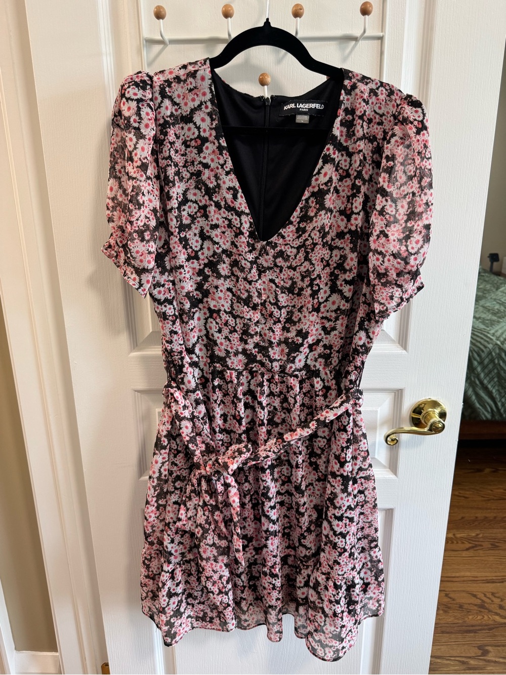 Karl Lagerfeld Black and Pink Floral V-Neck Mini Dress